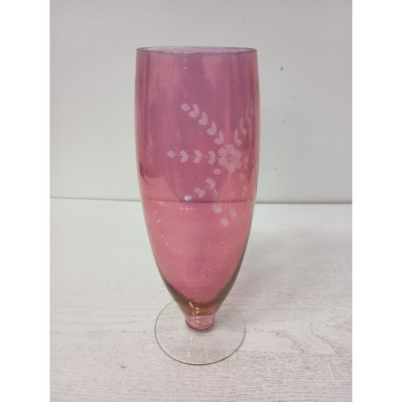 Vintage Blown Cranberry Art Glass Vase Etched Floral Iridescent Flash Footed - Picture 6 of 8